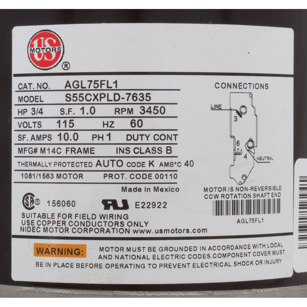 Motor, Nidec/US Motor, 0.75hp, 115v, 1-Speed, 48Y Frame : AGL75FL1