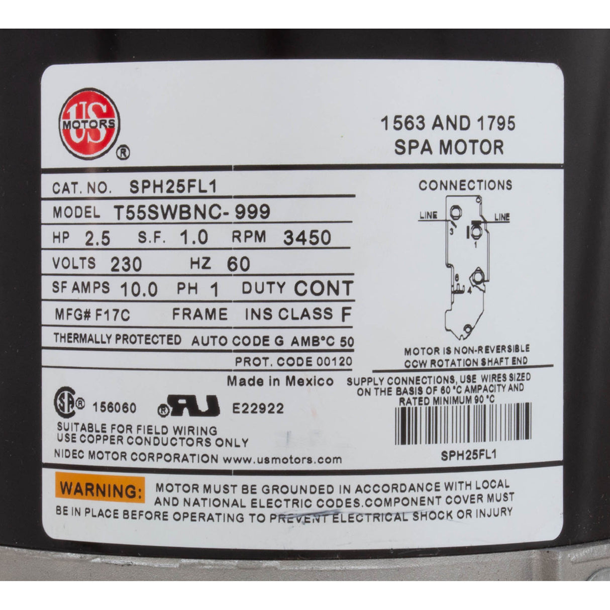Motor, Nidec/US Motor, 2.5hp, 230v, 1-Speed, 48Y Frame : SPH25FL1