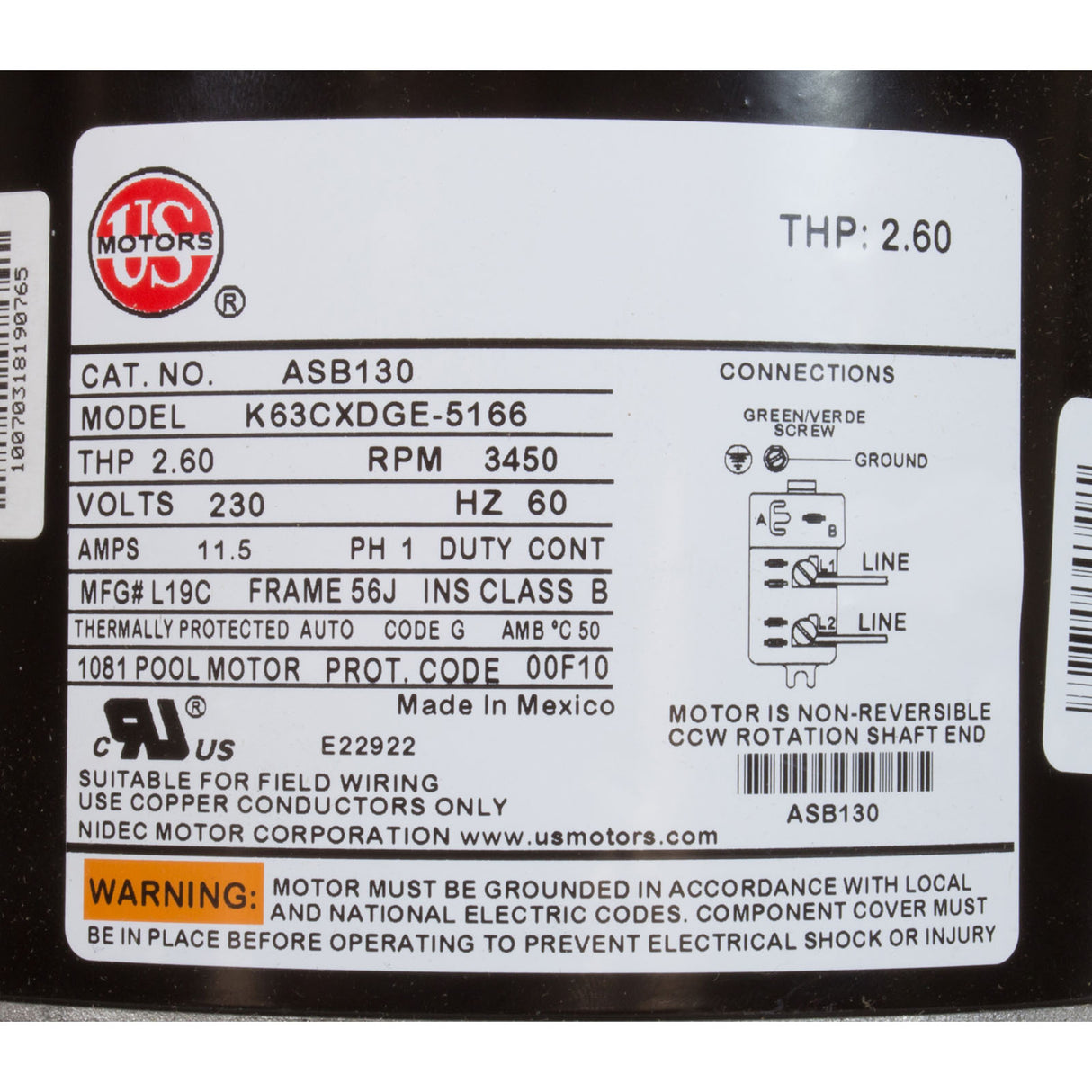 Motor, Nidec/US Motor, 2.0hp, 230v, 1Spd, 56Jfr, CFace, Thd, Full : ASB130