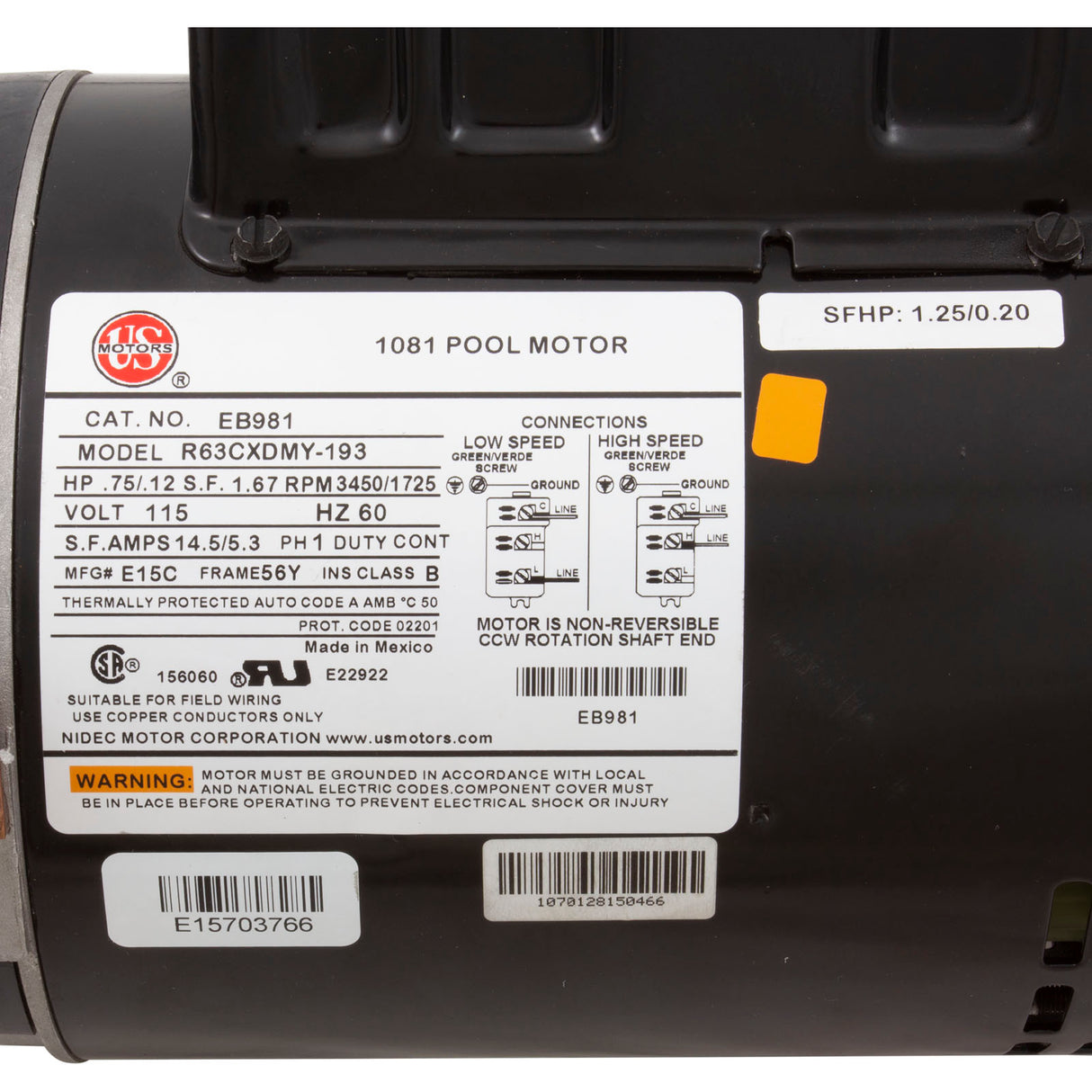 Motor, Nidec/US Motor, 0.75hp, 115v, 2-Spd, 56Yfr, SQFL, Full : EB981
