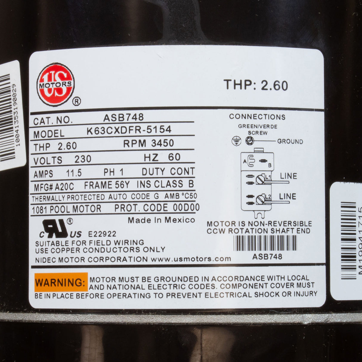 Motor, US Motor, 2.0hp, 230v, 56YFr, SQFL, Full Rated : ASB748