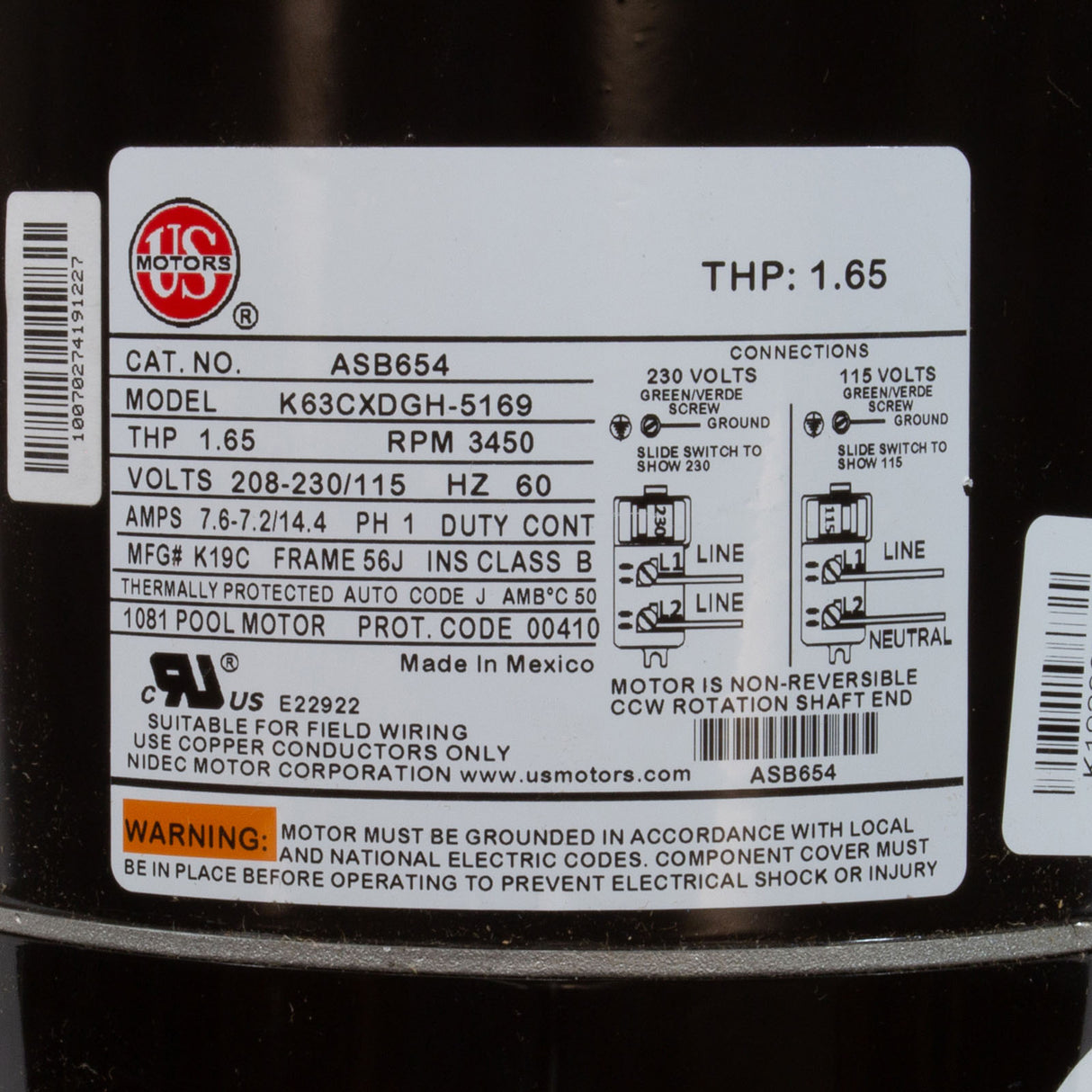 Motor, US Motor, 1.0hp, 115/208-230v, 56JFr, C-Face, Full, PE : ASB654