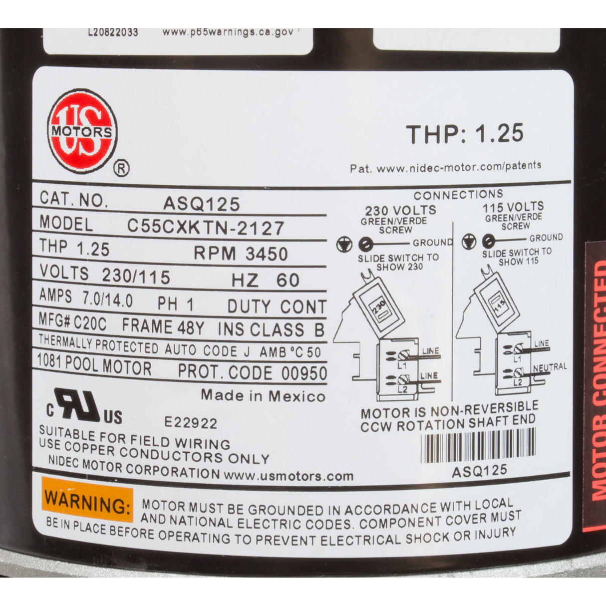 Motor, Nidec/US Motor, 0.75hp, 115/230v, 1-Spd, 48Yfr, SQFL : ASQ125