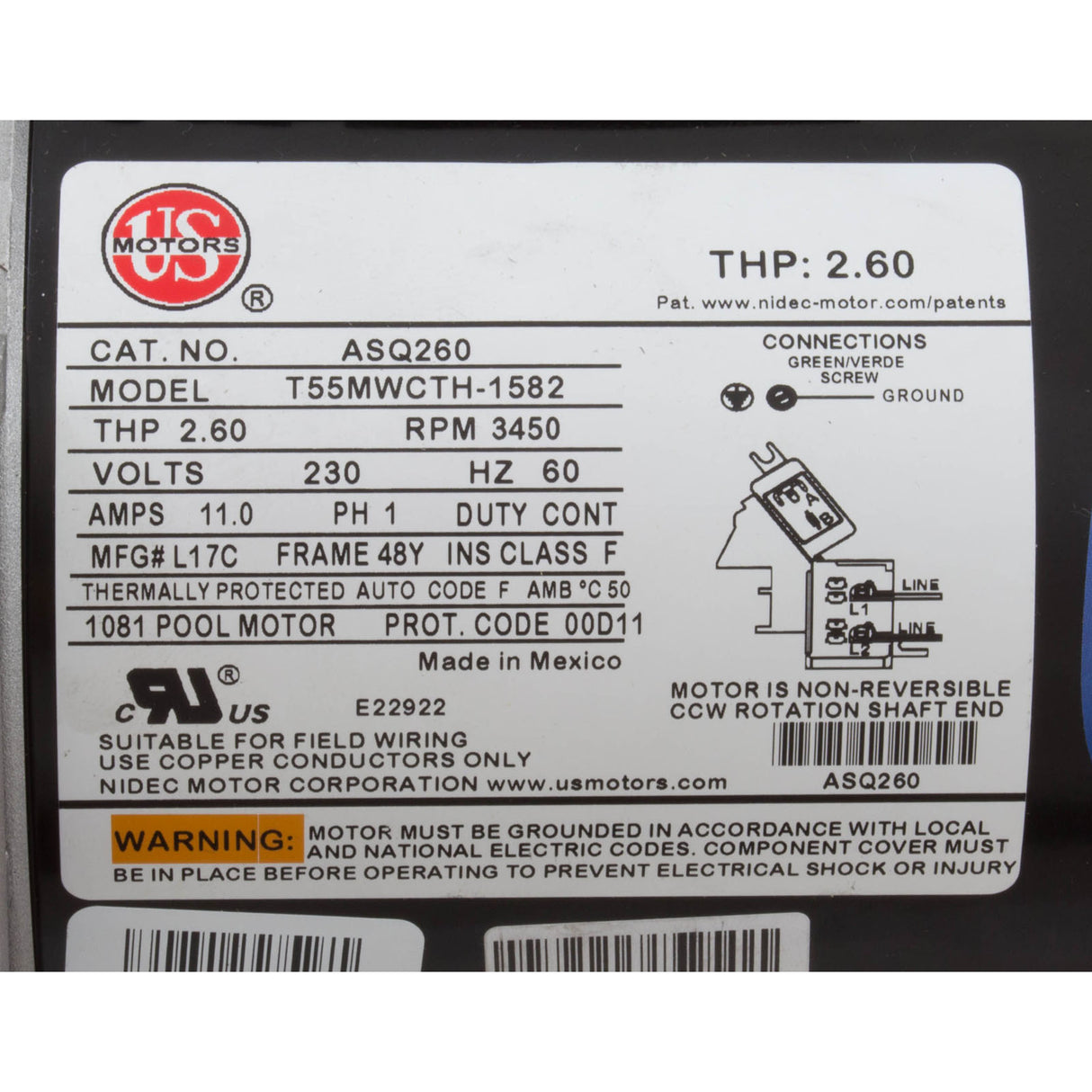 Motor, Nidec/US Motor, 2.0hp, 230v, 1-Spd, 48Yfr, SQFL : ASQ260