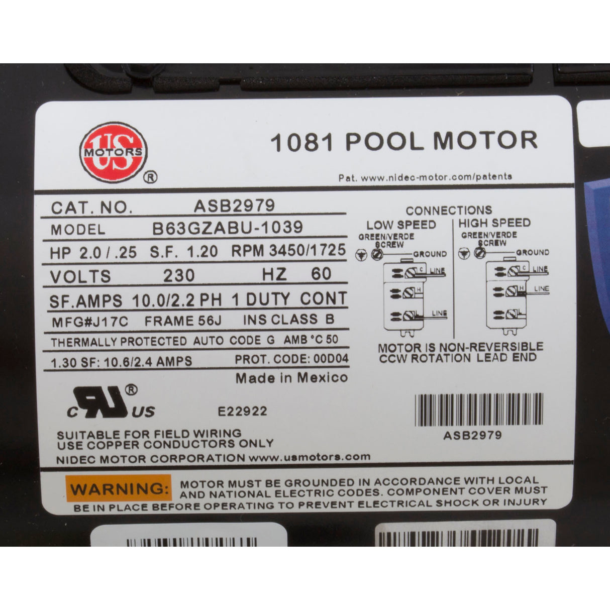 Motor, Nidec/US Mtr, 2.0hp, 230v, 2-Spd, 56Jfr, C-Face, Thd, Full : ASB2979