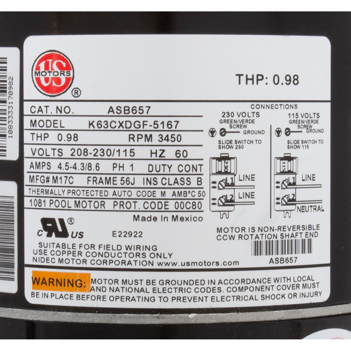 Motor, Nidec/USMtr, 0.5hp, 115/230v, 1Spd, 56Jfr, CFace, Thd, Full : ASB657