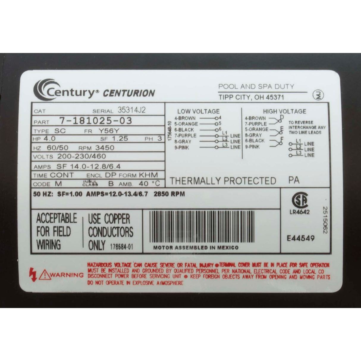 Motor, Century, 4.0hp, 208v-230v/460v, 1-Spd, 3ph, 56Cfr Thd : 0818102500 - Speck Pumps - 0818102500 - PartsForSpas.com