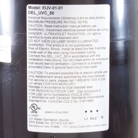 UV Sanitizer, Del Ozone UV-C 50, 115v/230v, Up To 50k Gallons : EUV-01-01 - Del Ozone - 849640034460 - PartsForSpas.com