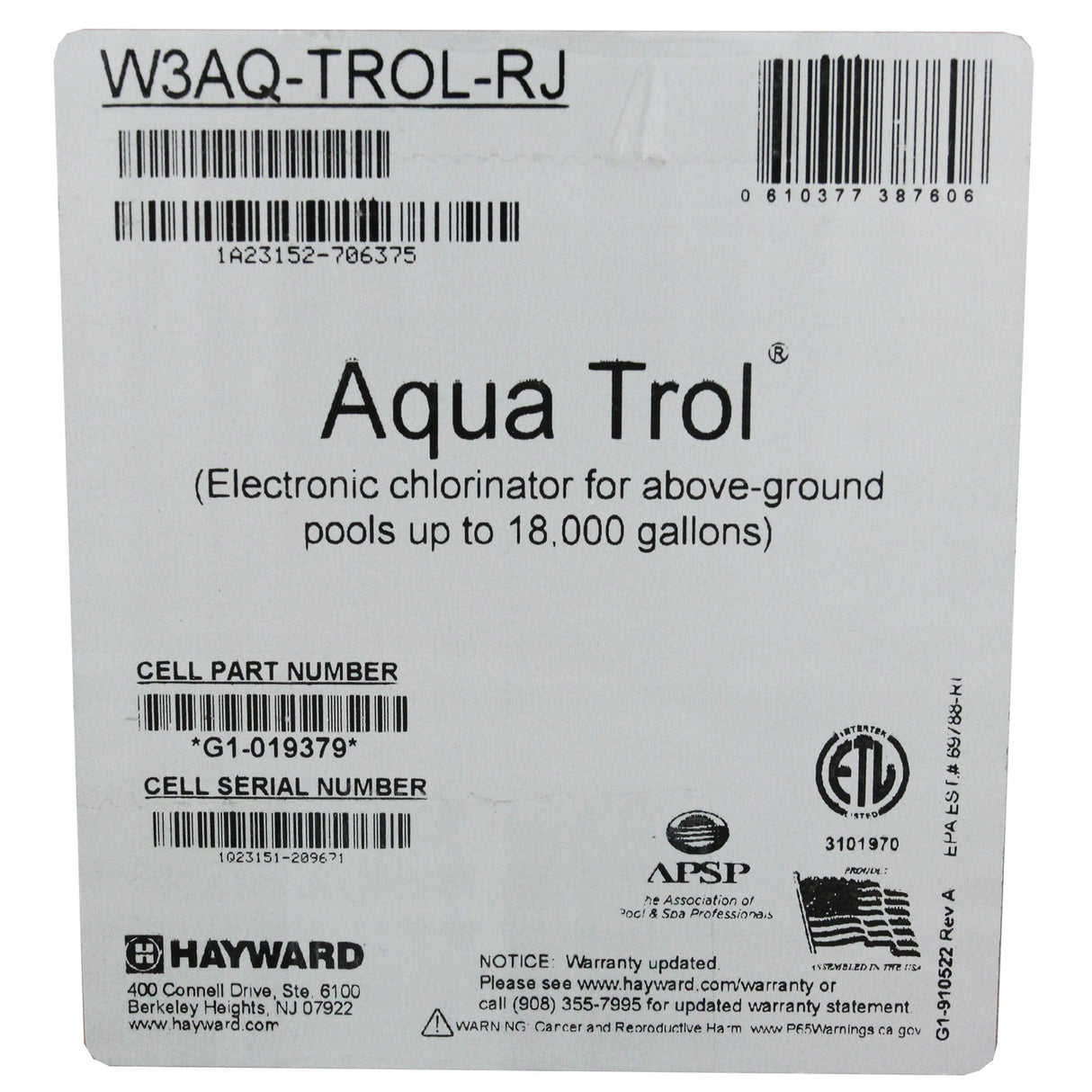 Salt Chlorine Generator, Hayward AquaTrol RJ : W3AQ-TROL-RJ - Hayward - W3AQ-TROL-RJ - PartsForSpas.com