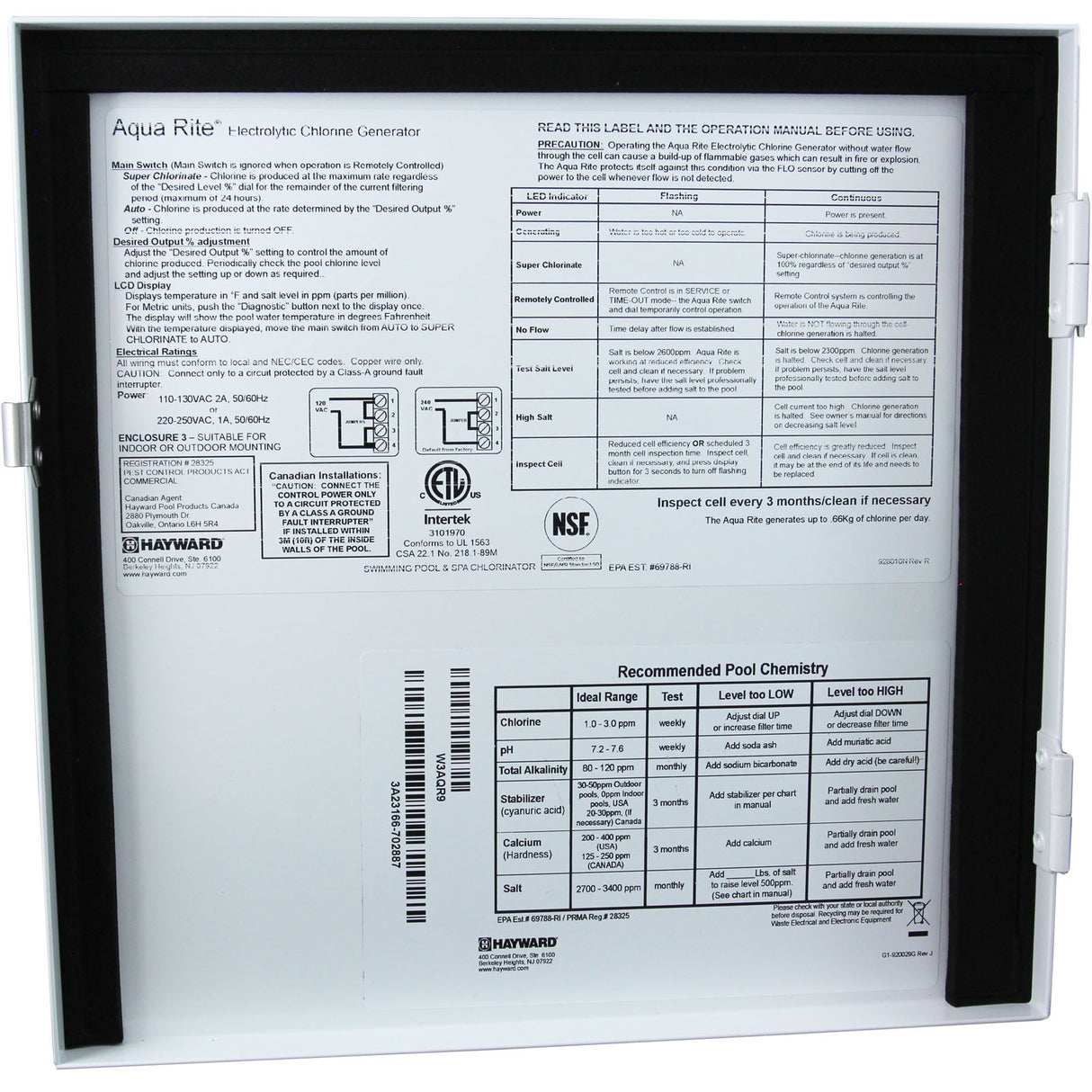Salt Chlorine Generator, Hayward AquaRite, 25K, w/ TCell : W3AQR9 - Hayward - 0610377388252 - PartsForSpas.com