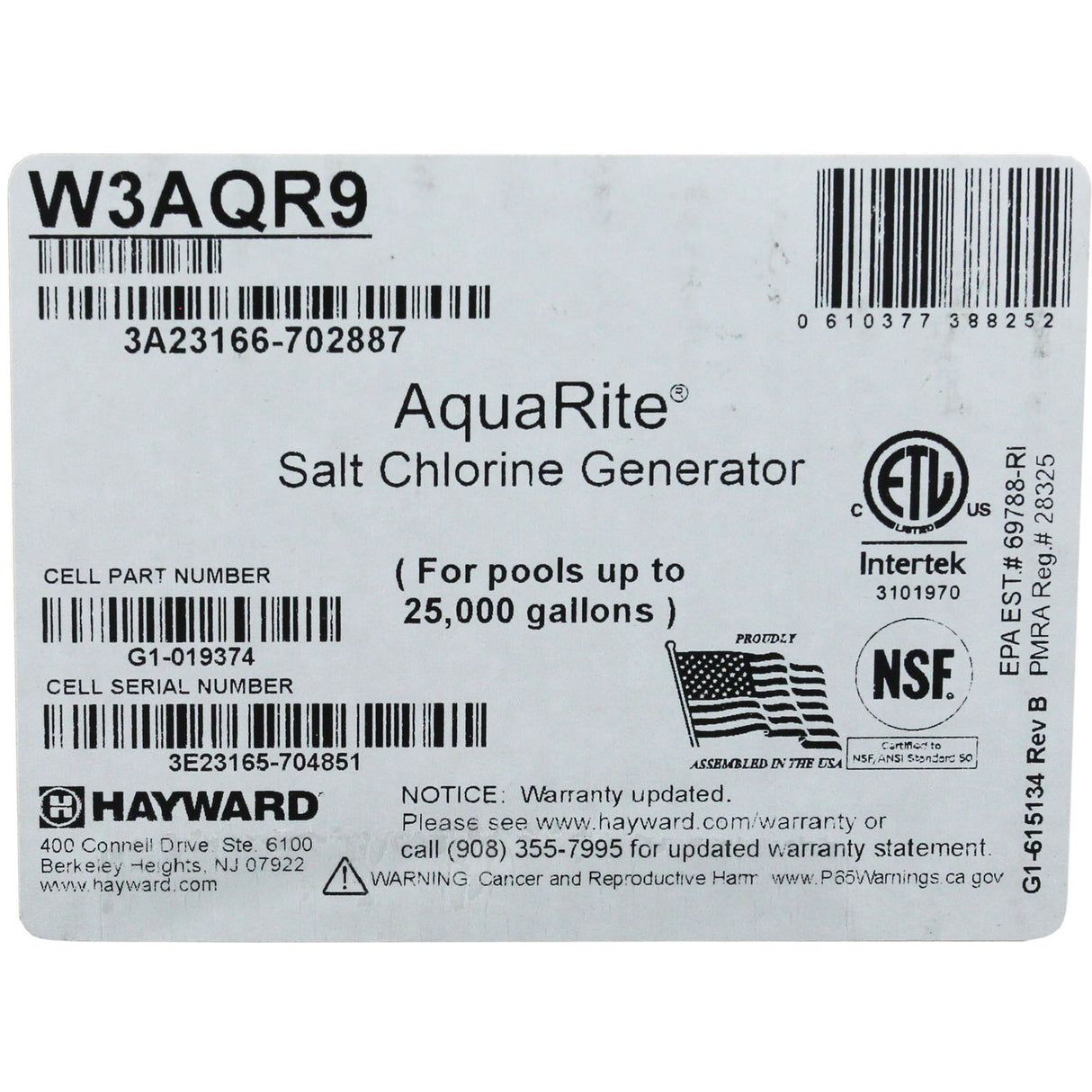 Salt Chlorine Generator, Hayward AquaRite, 25K, w/ TCell : W3AQR9 - Hayward - 0610377388252 - PartsForSpas.com