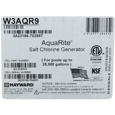 Salt Chlorine Generator, Hayward AquaRite, 25K, w/ TCell : W3AQR9 - Hayward - 0610377388252 - PartsForSpas.com