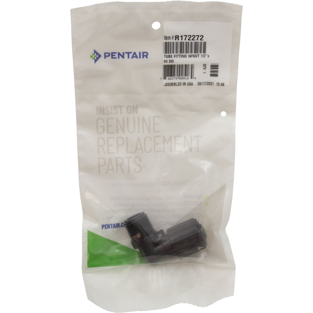 Tube Ftng, Pentair Auto.Feeder 300-29X, 320, 322, 1/2x 90 w/Nut : R172272Z - Rainbow/Pentair - 788379885083 - PartsForSpas.com