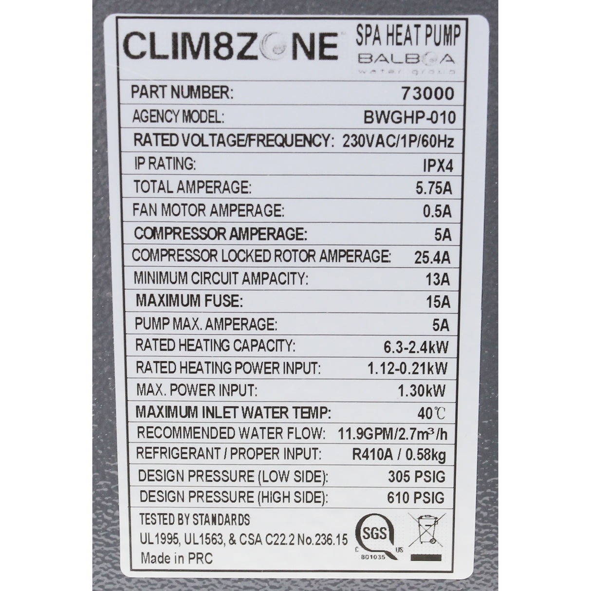Heat Pump, Balboa Water Group Clim8Zone, 2", 230v : 73000