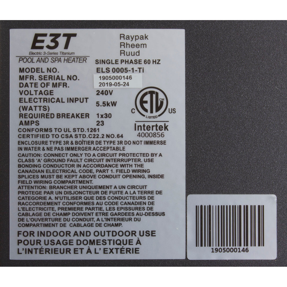 Digital Electric Heater, Raypak E3T, 1-1/2" mpt, 230v, 5.5kW : 017121