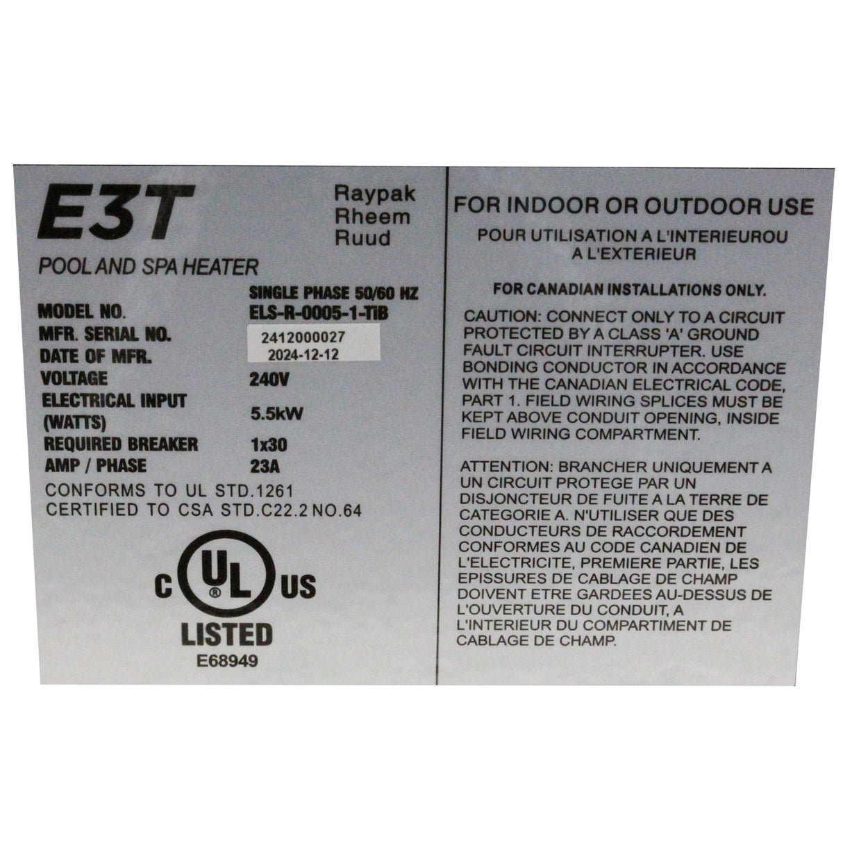 Digital Electric Heater, Raypak E3T, 1.5" mpt, 230v, 5.5kW : 100-10000662