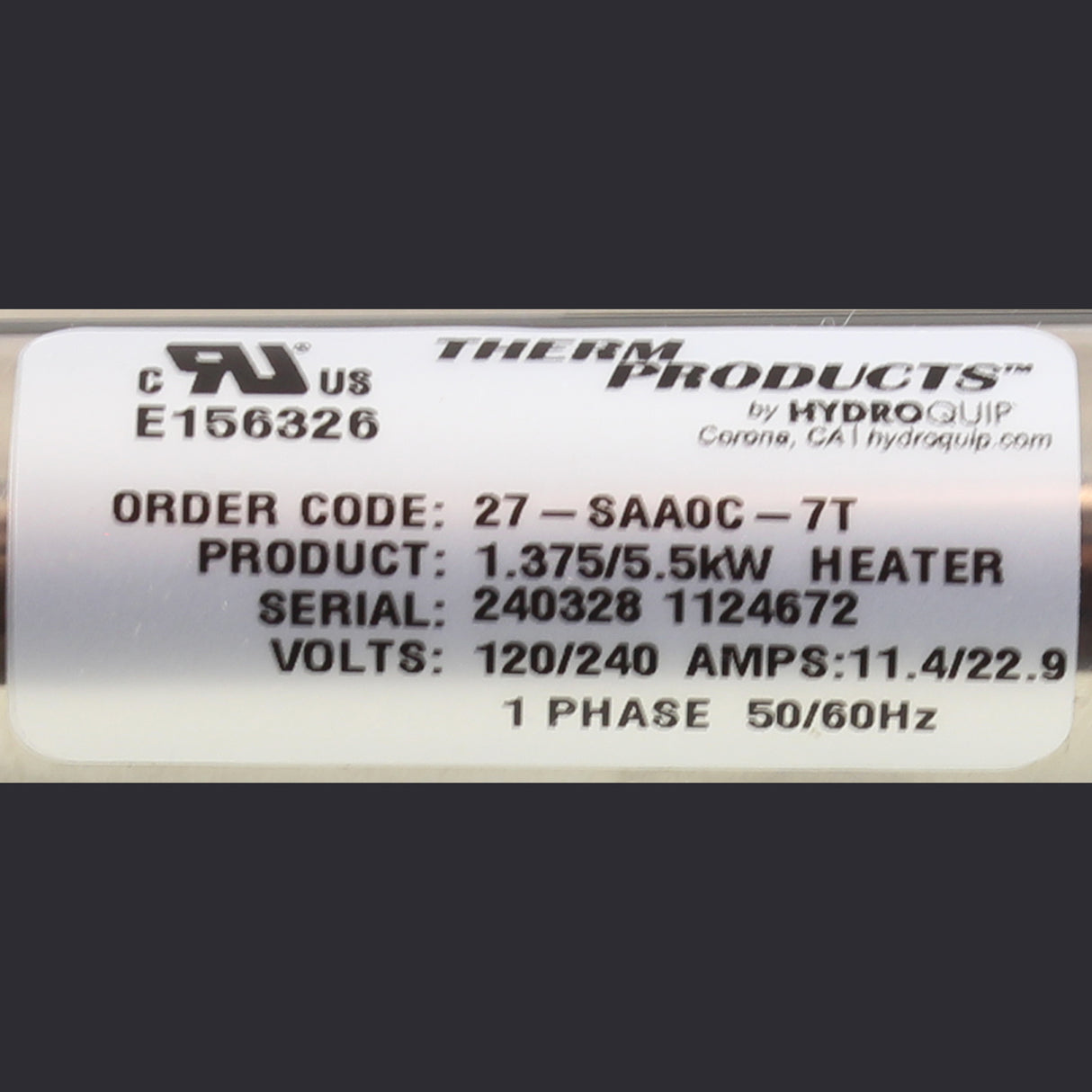 Heater Assy, LowFlow, 5.5kw, HydroQuip Slipstream, 230V : 27-SAA0C-7T-K