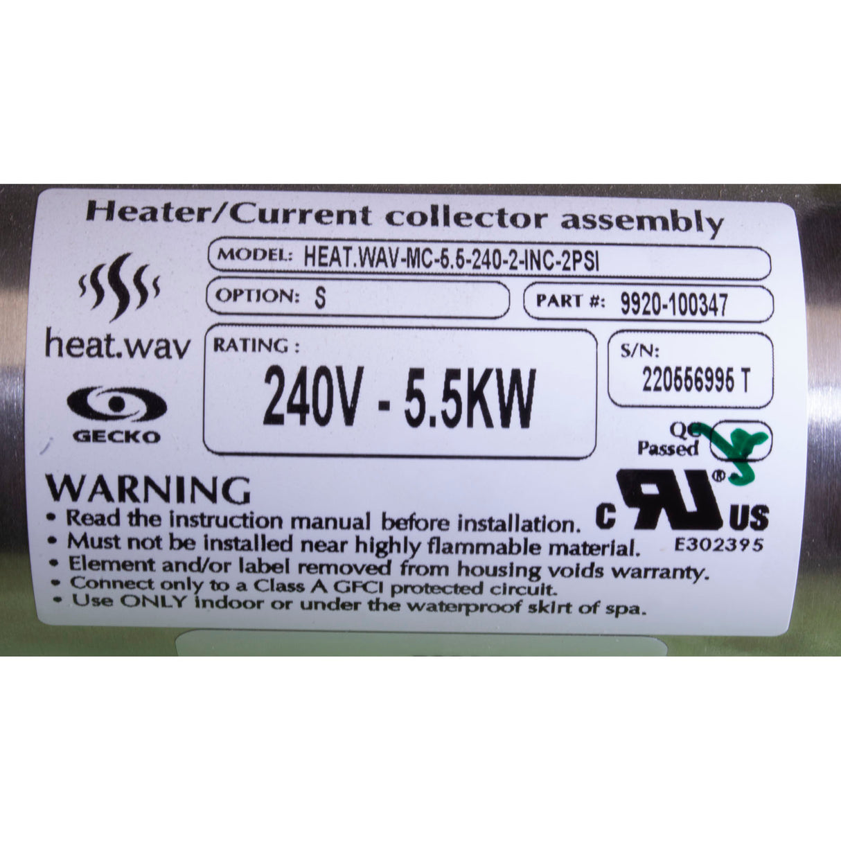 Heater, FloThru, Gecko M-Class, 5.5kW, 15"x2", 230v, w/ PS, OEM : 9920-100347