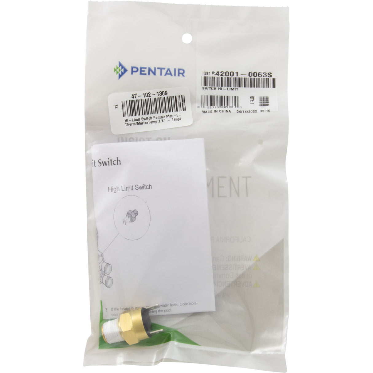 Hi-Limit Switch, Pentair Max-E-Therm/MasterTemp, 1/4" - 18npt : 42001-0063S