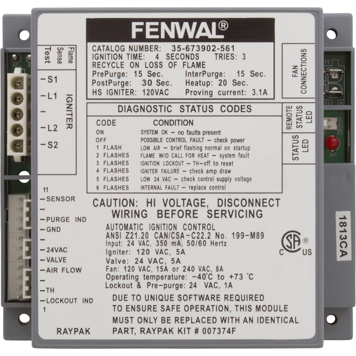 Ignition Control, Raypak Hi Delta 302A/B - 902A/B : 007374F - Raypak - 840891006428 - PartsForSpas.com