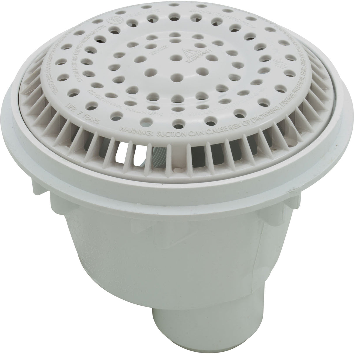 Main Drain, WW Anti Vortex, 8" Round, Gun, 2"s, Side, White : 640-2520 V