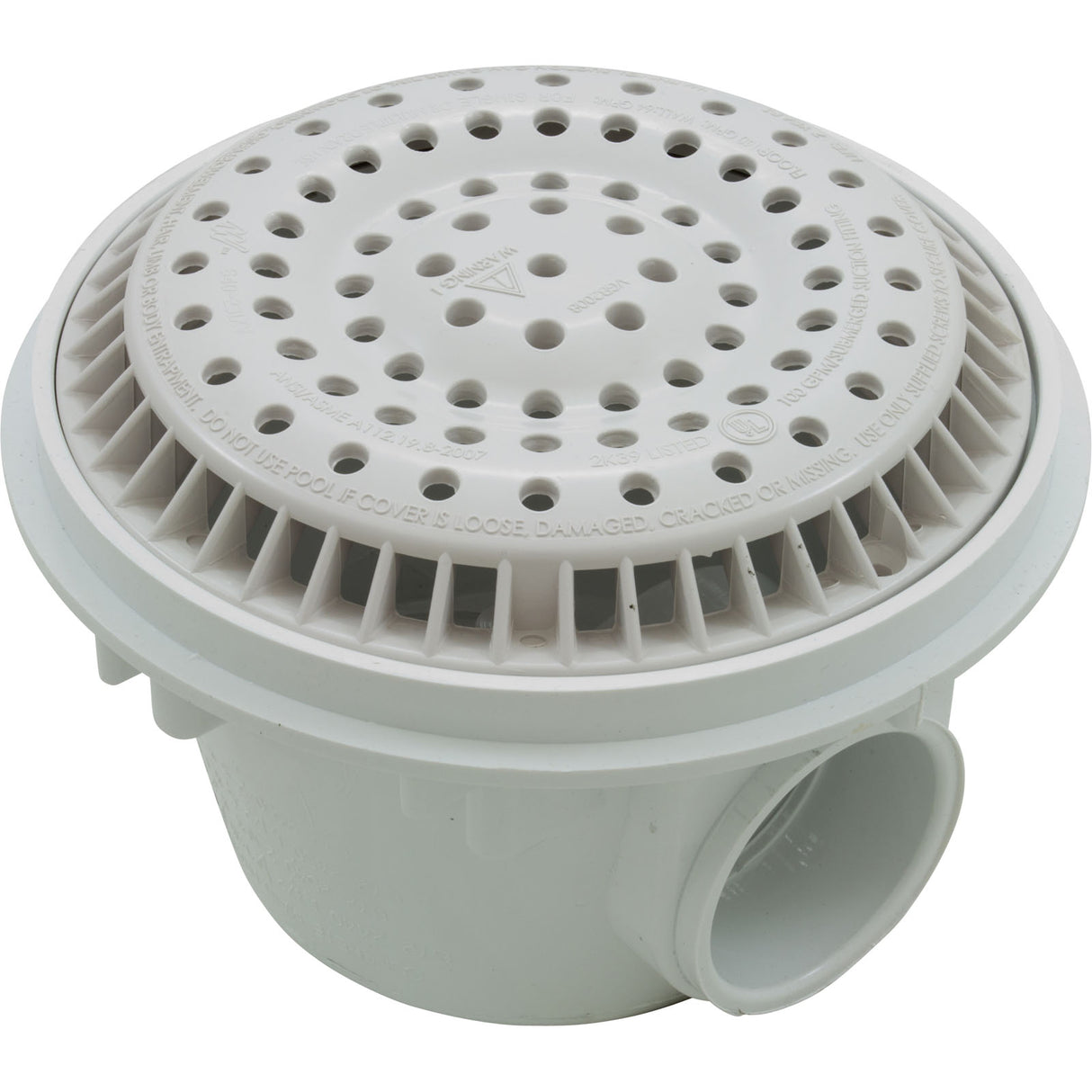 Main Drain, WW Anti Vortex, 8" Round, Gun, 2"s, Side, White : 640-2520 V