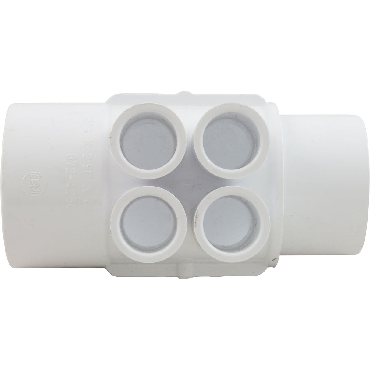 Manifold, 1/2" Slip, 4 Port, Flow Thru, 2" Slip x 2" Spigot : 672-4250