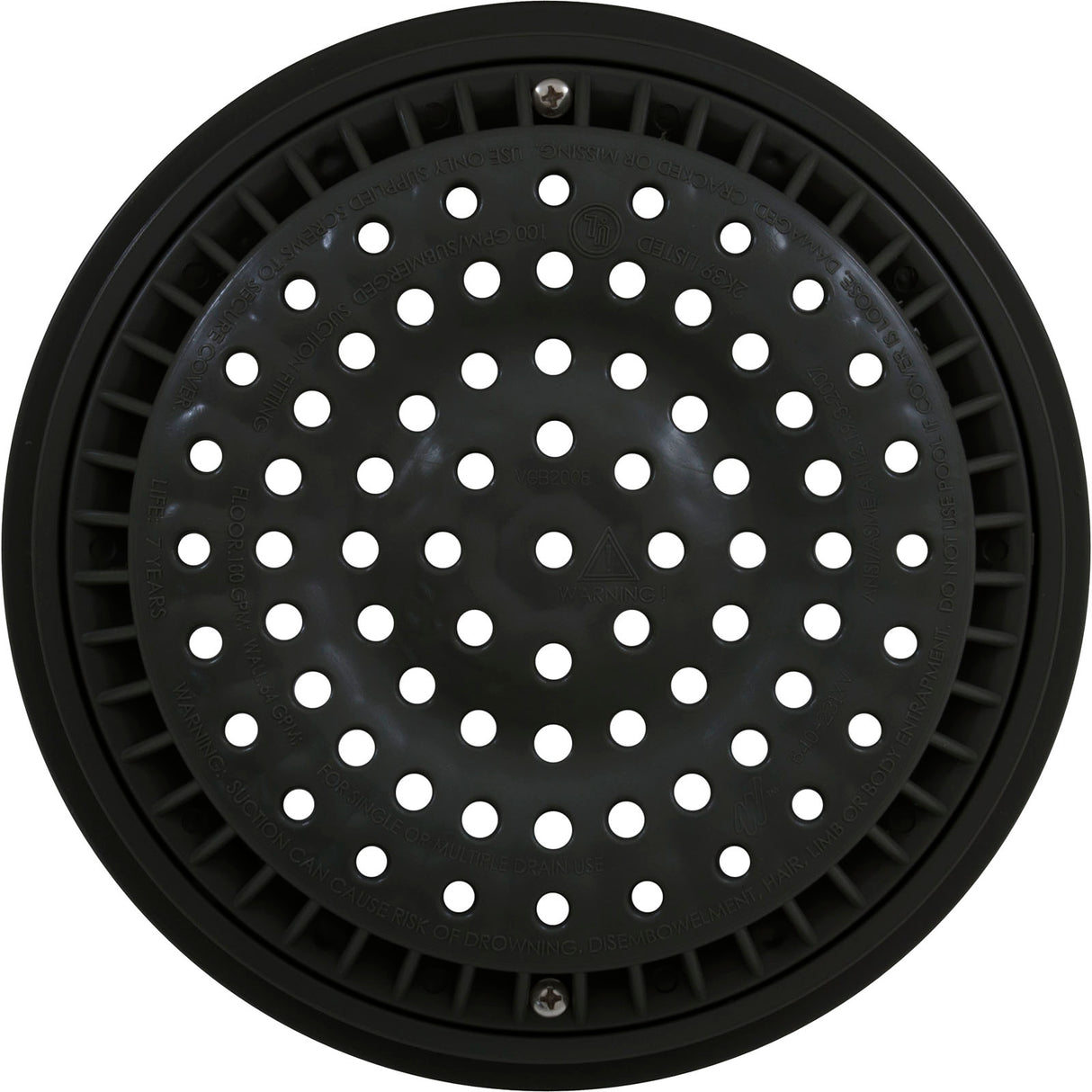 Main Drain Grate, WW Anti Vortex, 8" Rnd, w/Collar, Black : 640-2311 V