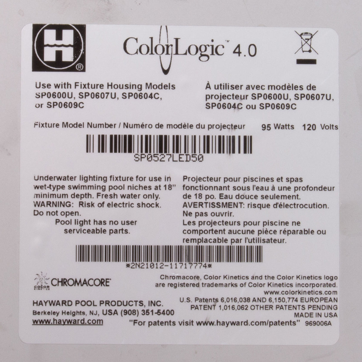 Pool Light, Hayward ColorLogic 4.0, LED, 115v, 50' Cord, Plastic : SP0527LED50