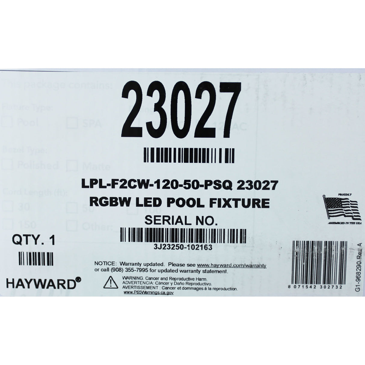 Pool Light, Color Splash XGW 500, RGBW LED, 115V, 58W, 50ft, SQ : LPL-F2CW-120-50-PSQ