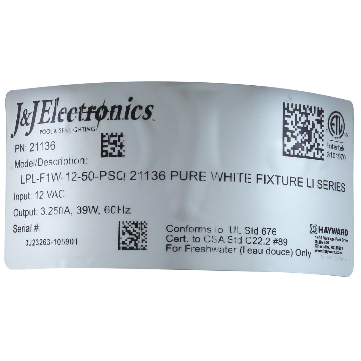 Pool Light, PureWhite LED, 12V, 39W, 50ft, 300W Equivalent, SQ : LPL-F1W-12-50-PSQ