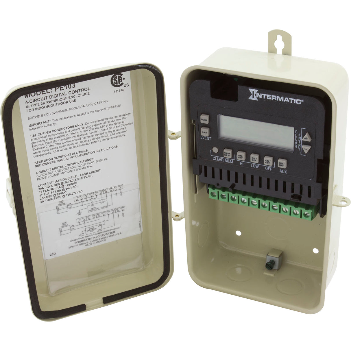 Time Clock, Intermatic PE103, 115v/230v, 4PST, Seasonal, Digital : PE103