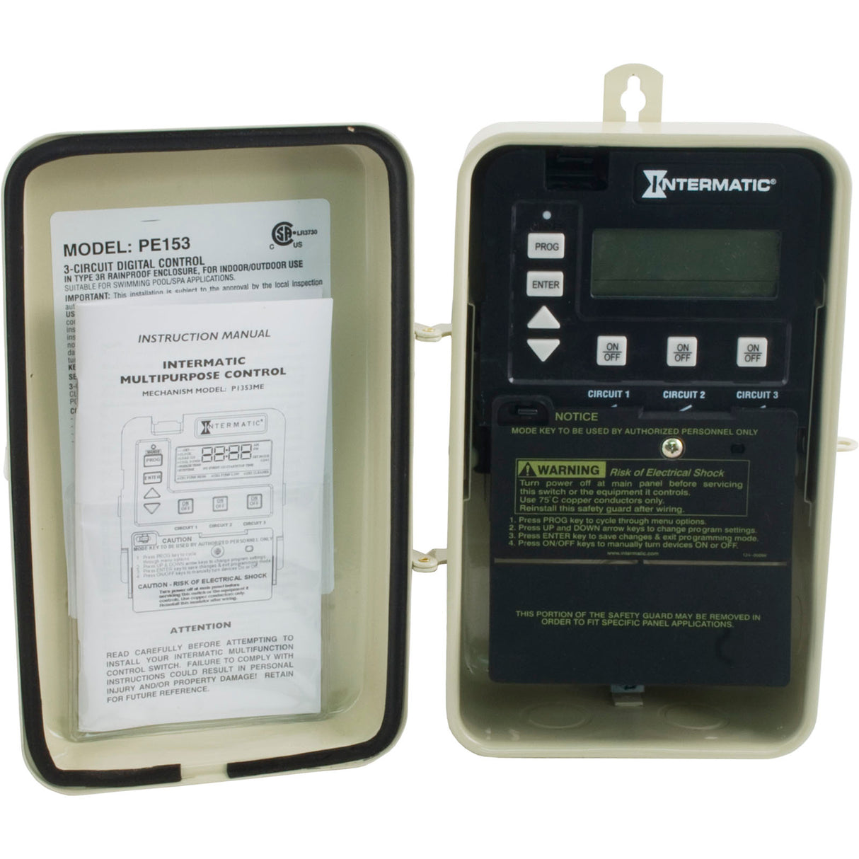 Time Clock, Intermatic PE153, 24 hr, 115v/230v, 3PST, Digital : PE153