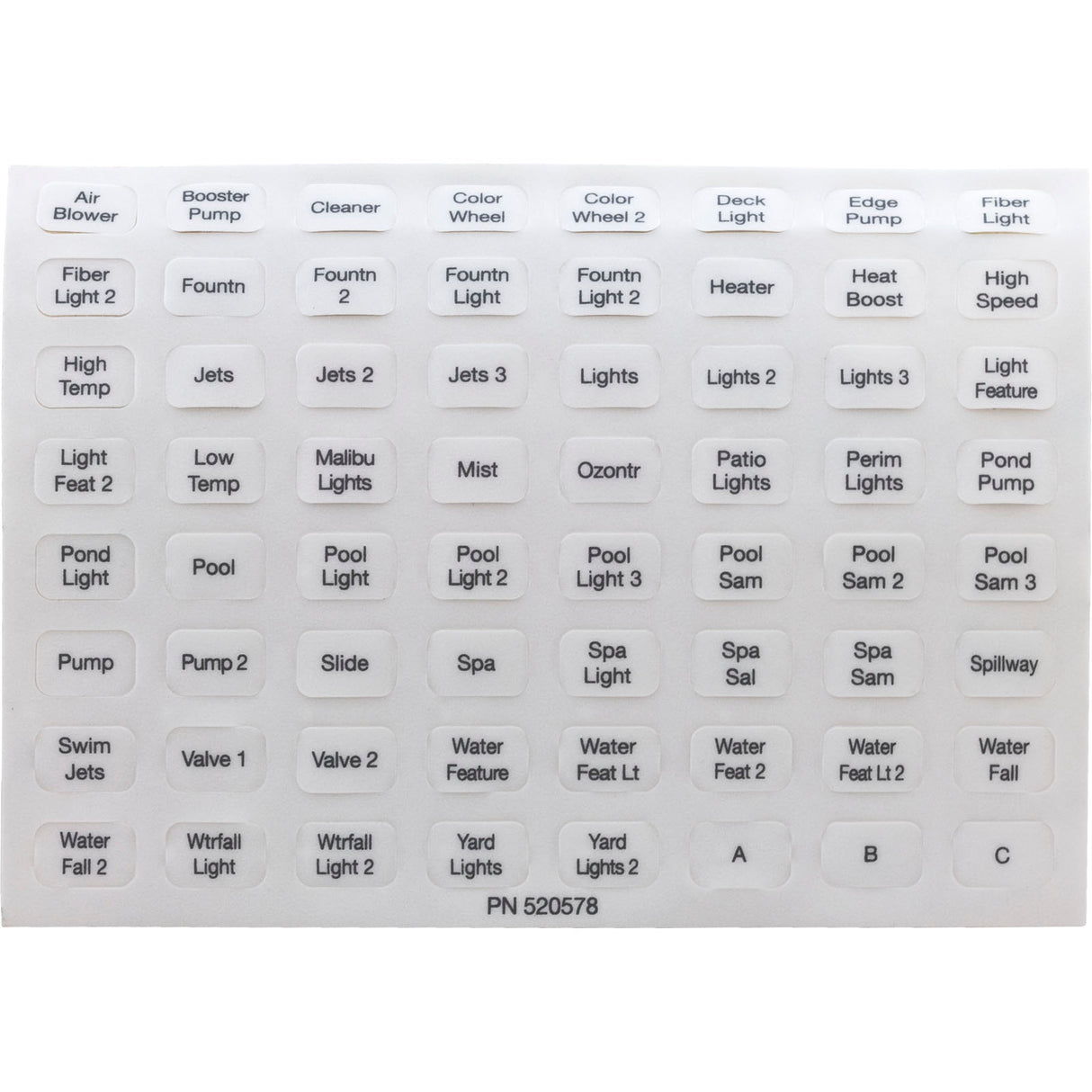 Label, Pentair, EasyTouch, Indoor Control Panel, Set of 10 : 520658