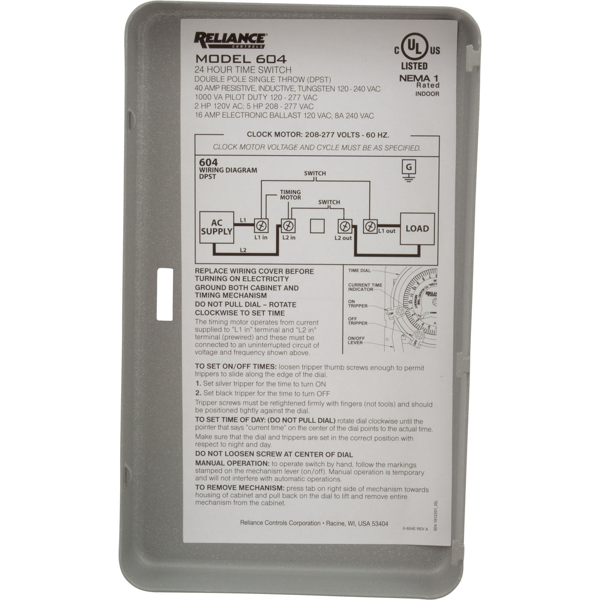 Timer, Reliance, DPST, 230v, 40A, 24hr, 104A : 104A