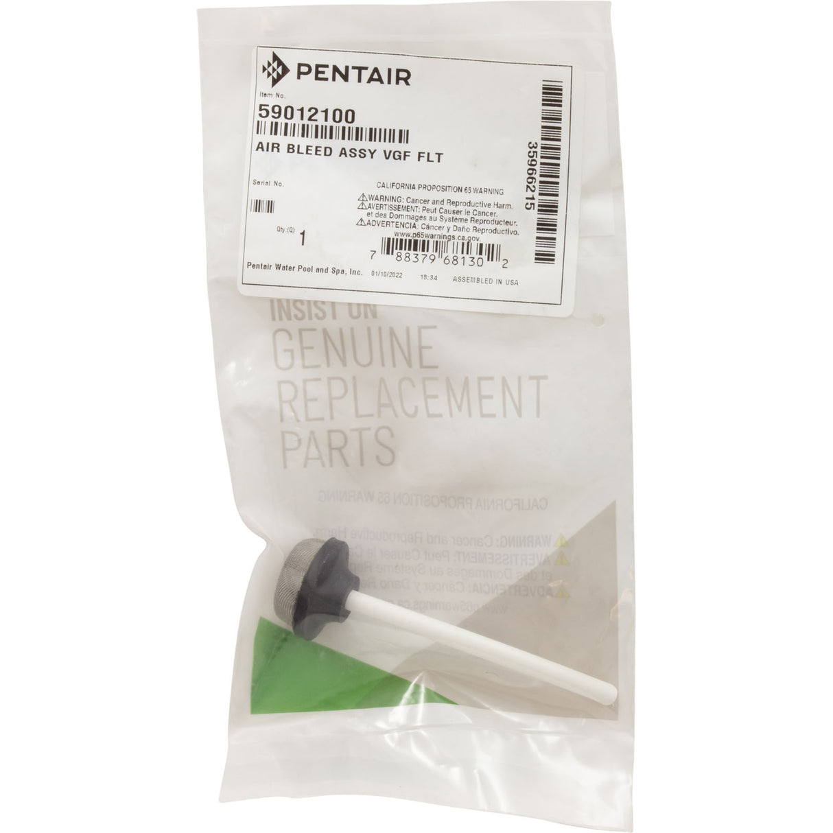 Air Bleed Assy Vgf Flt : 59012100 - Pentair - 788379681302 - PartsForSpas.com