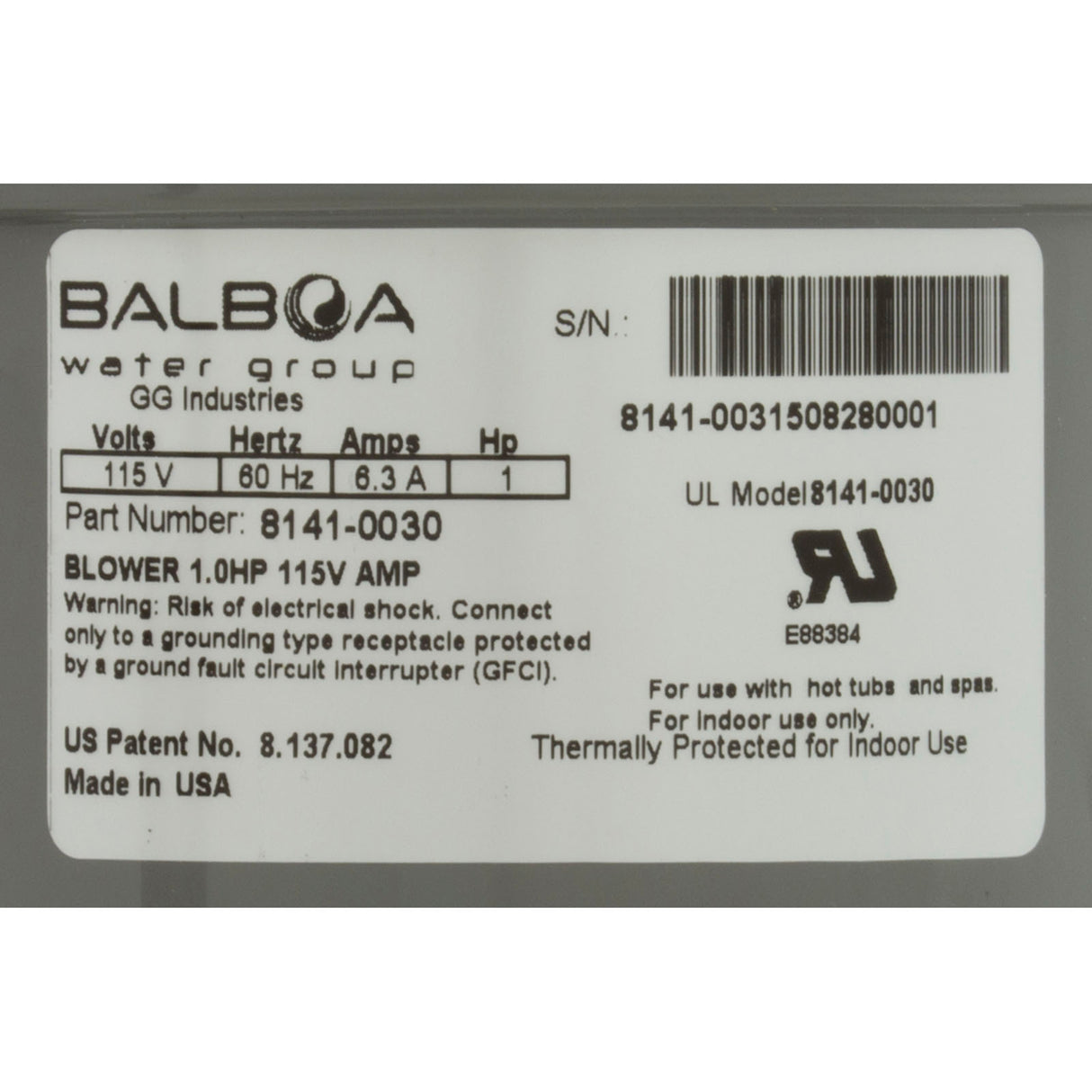 Blower, BWG Quiet-Flo, 1.0hp, 6.3A, 115V, Amp : 8141-0030