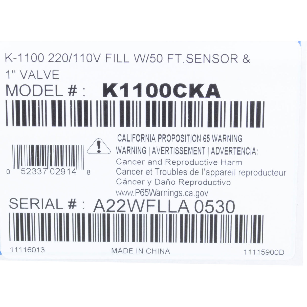 Auto Fill, Jandy Levolor K1100, Fill Only, 1", Dual Style, 50ft : K1100CKA - Zodiac - 052337029148 - PartsForSpas.com