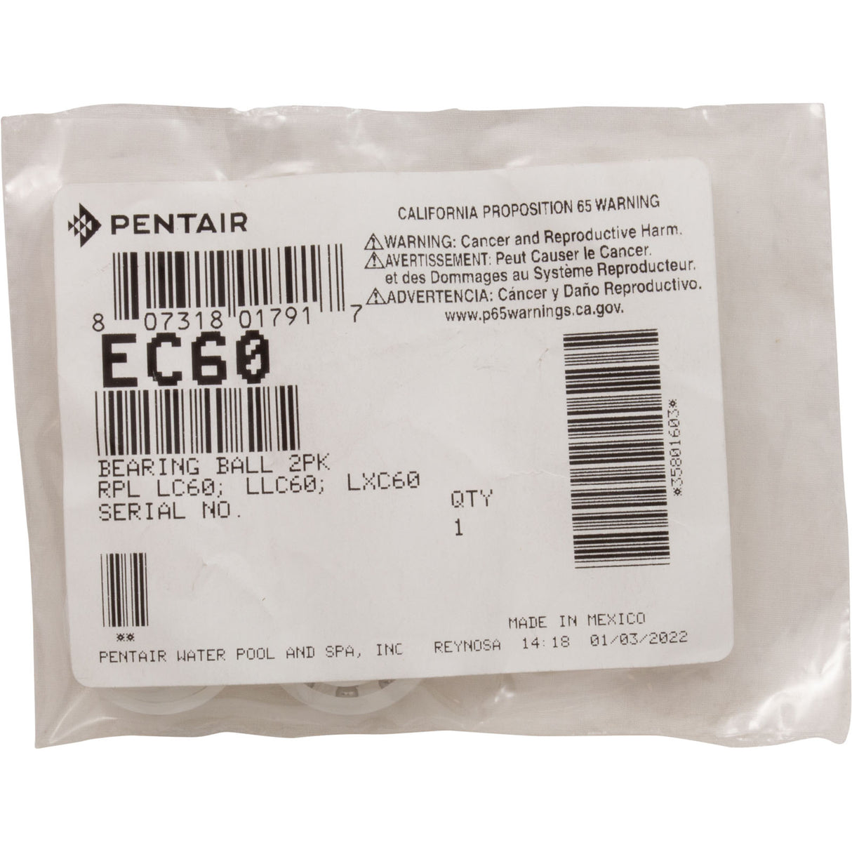 Wheel Bearing, Pentair Letro Legend Cleaners, Quantity 2 : EC60 - Letro/Pentair - 807318017917 - PartsForSpas.com