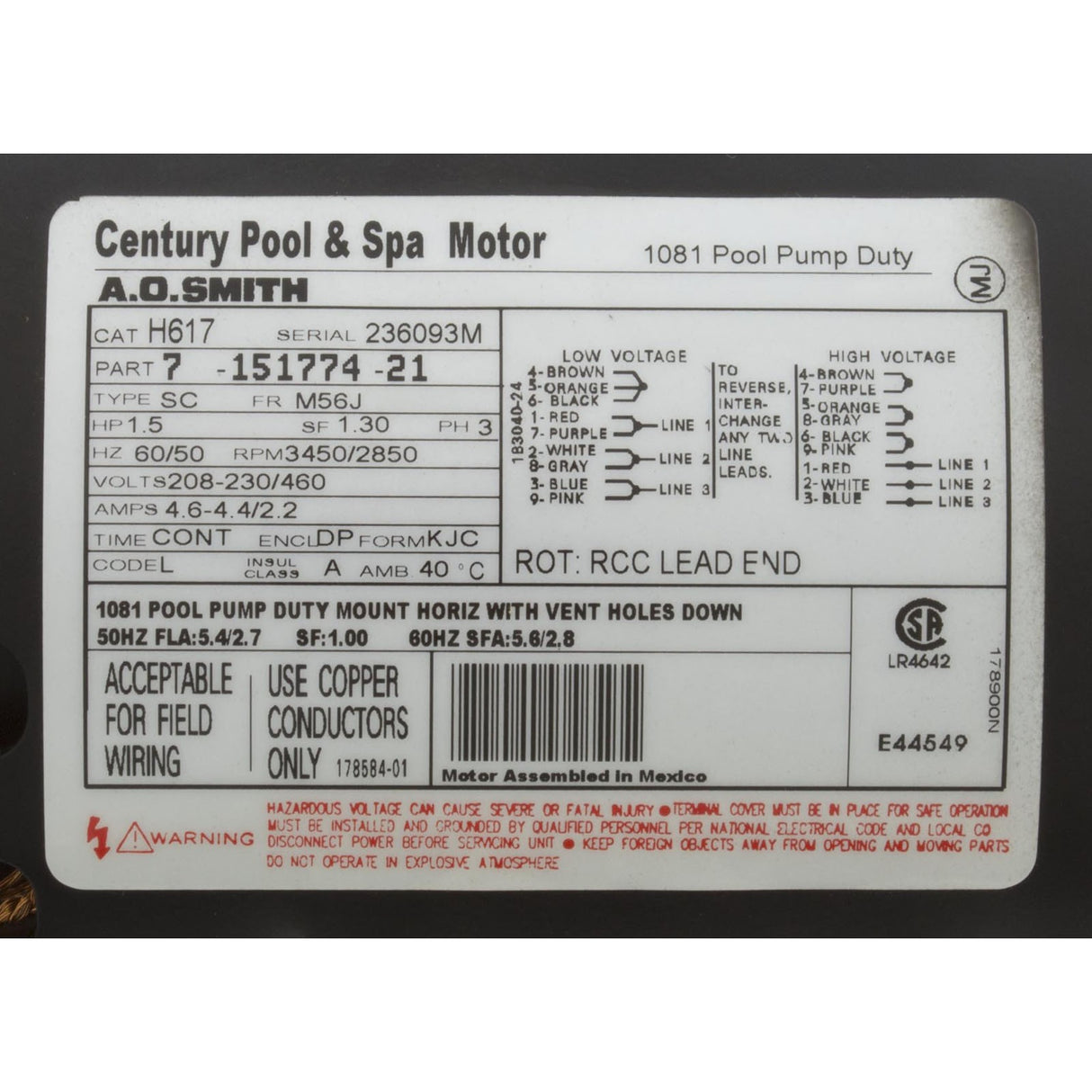 Motor, Century, 1.5hp, 208v-230v/460v, 3ph, 56Jfr, C-Face Thd : H617