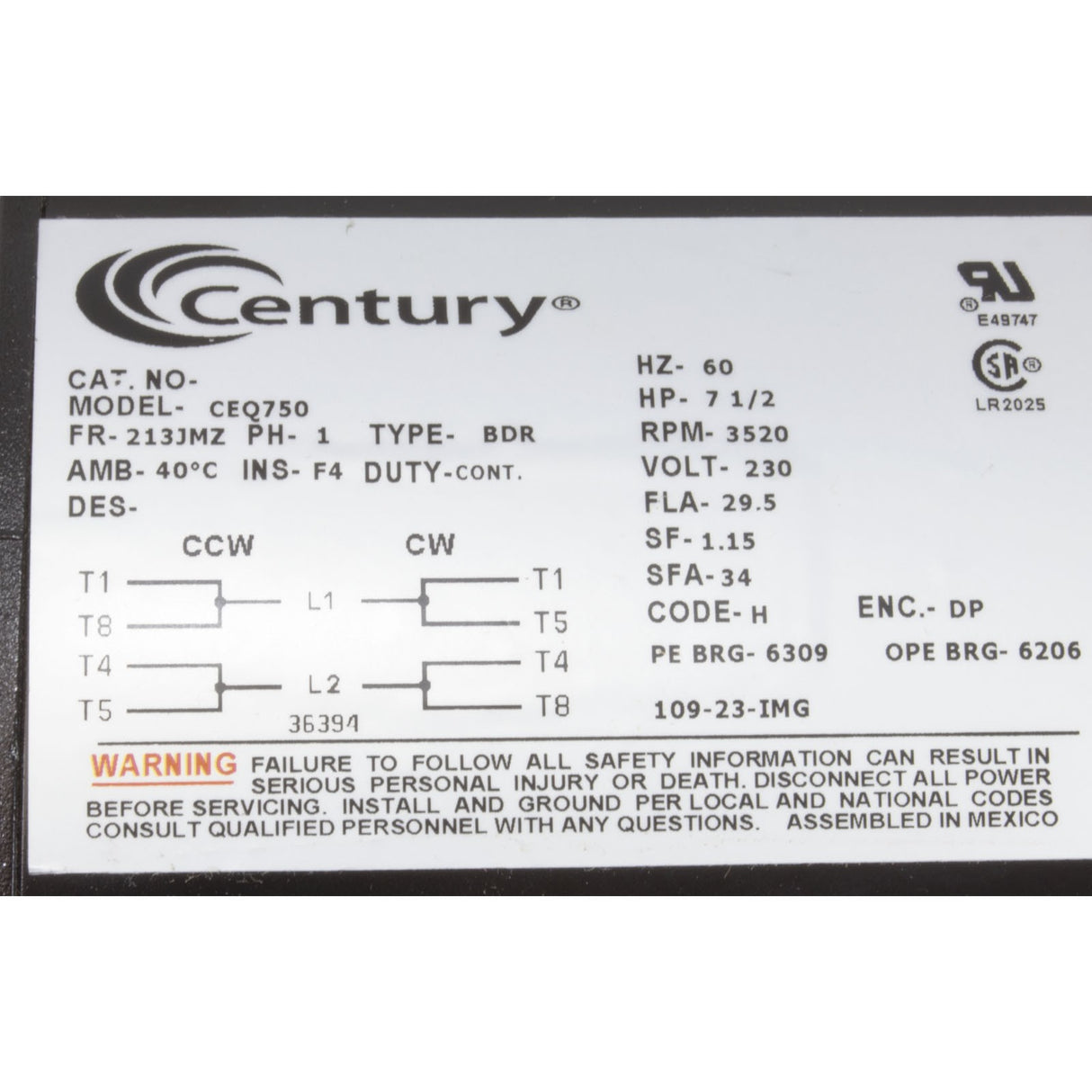 Motor, Century, 7.5hp, 230v, 1-Speed, 1 Phase, EQ Series : CEQ750