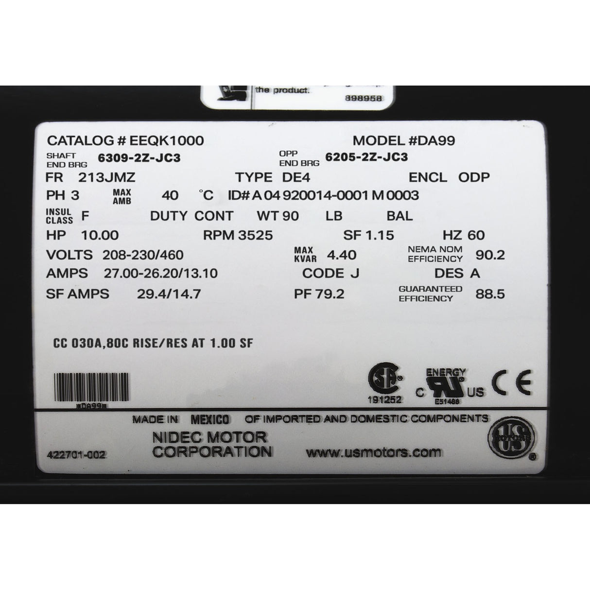 Motor, US Motor, 10 Horsepower, Three Phase, 208/230/460v : EEQK1000