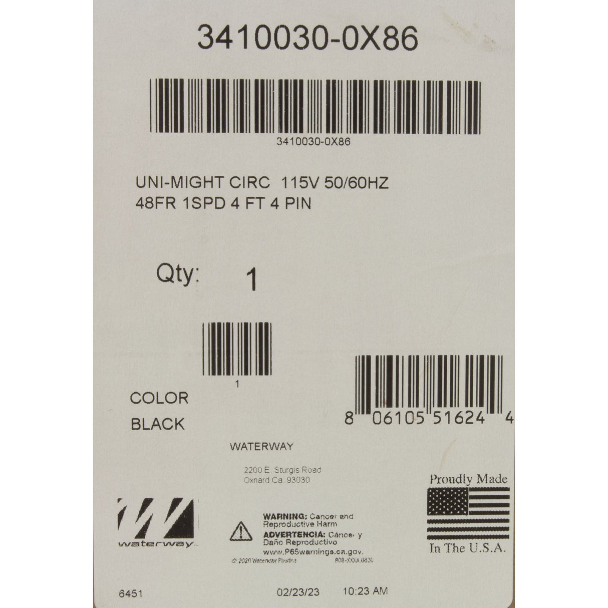 Pump, Circ, Waterway Uni-Might, 1/8hp, 115v, 1-Spd, 48Fr, 50/60Hz : 3410030-0X86