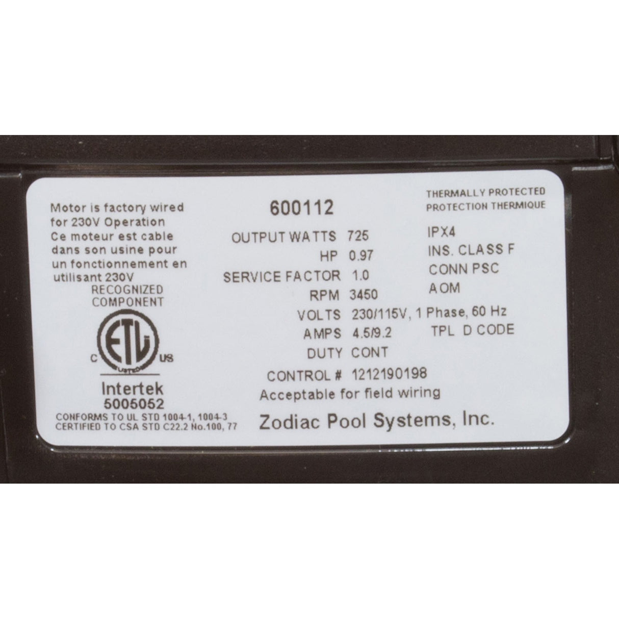 Pump, Zodiac Polaris, 1.0HP, 230/115 V, 3/4" Inlet/Outlet : PB4SQ
