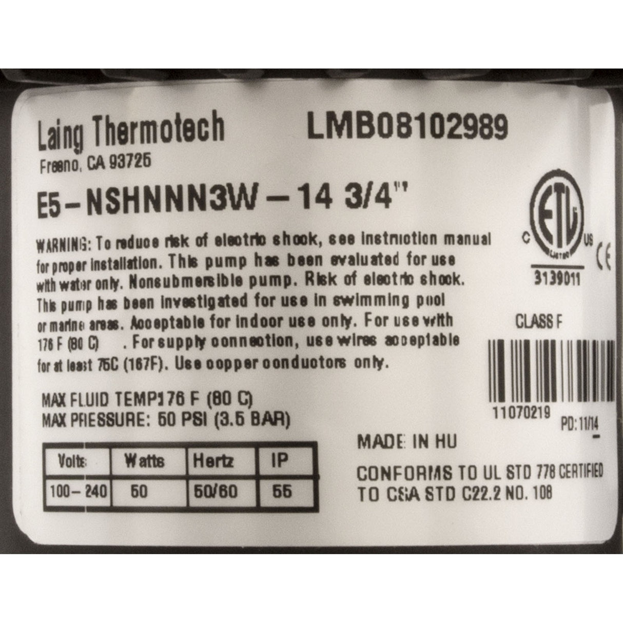 Pump, Laing Circ, Series E5, 115v/230v, 3/4"b, w/4ft Cord, OEM : 10-0102-K