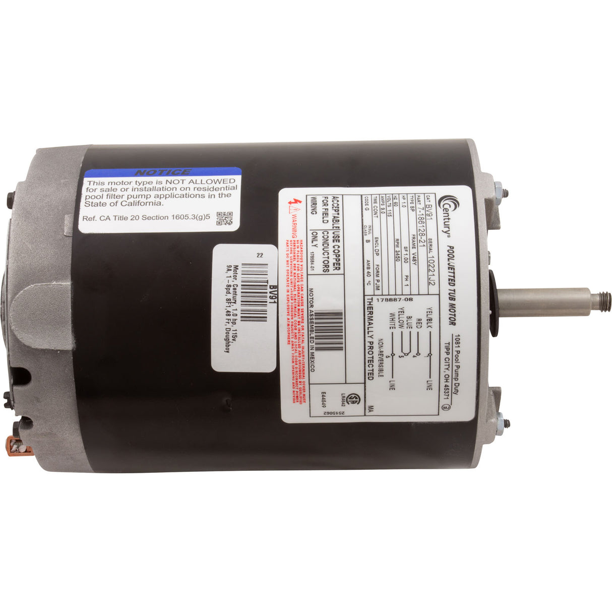 Motor, Century, 1.0 hp, 115v, 9A, 1-Spd, SF1, 48 Fr, Doughboy : BV91