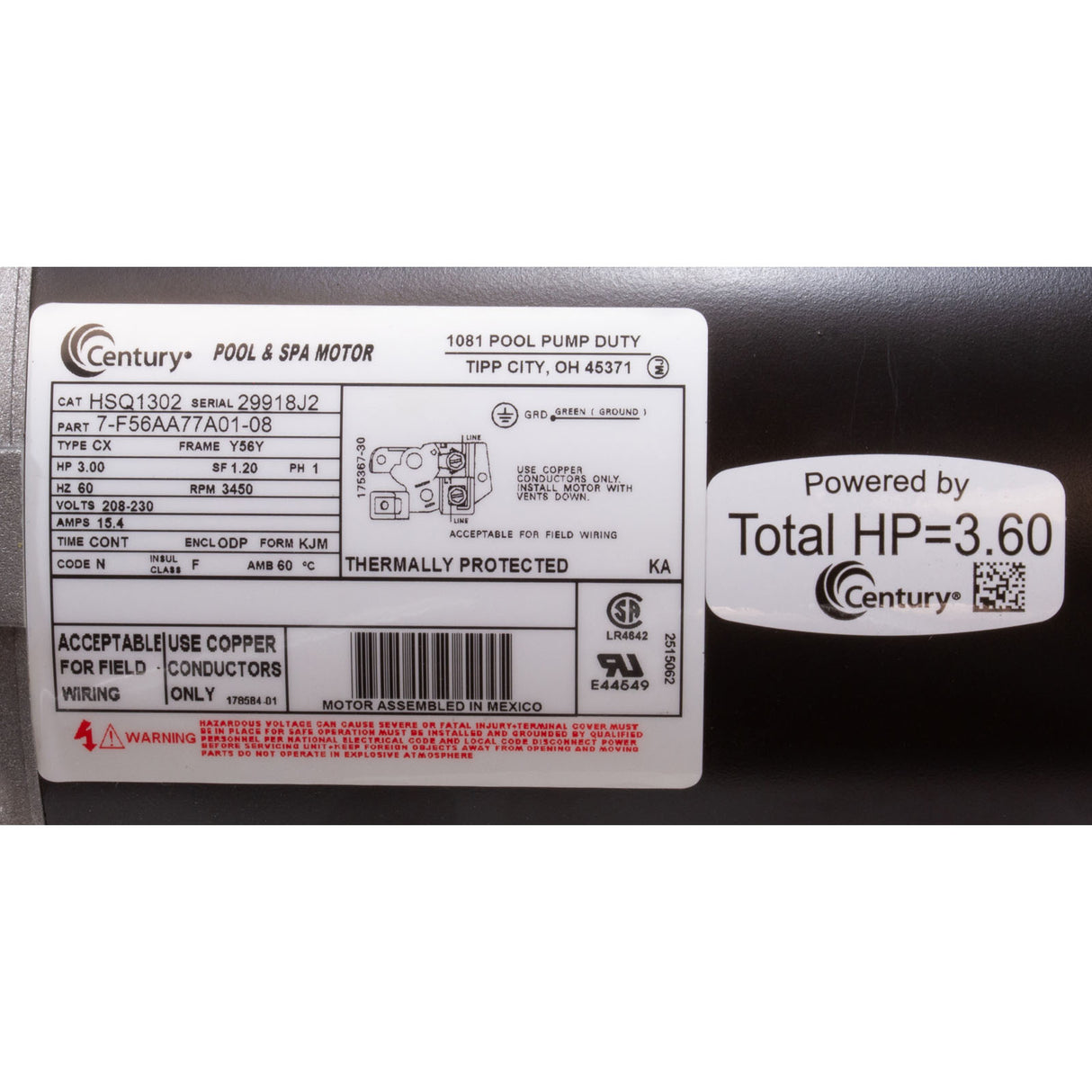 Mtr, Cent, 3Hp, 208-230V, 1-Sp, Sf1.2, 56Yfr : HSQ1302