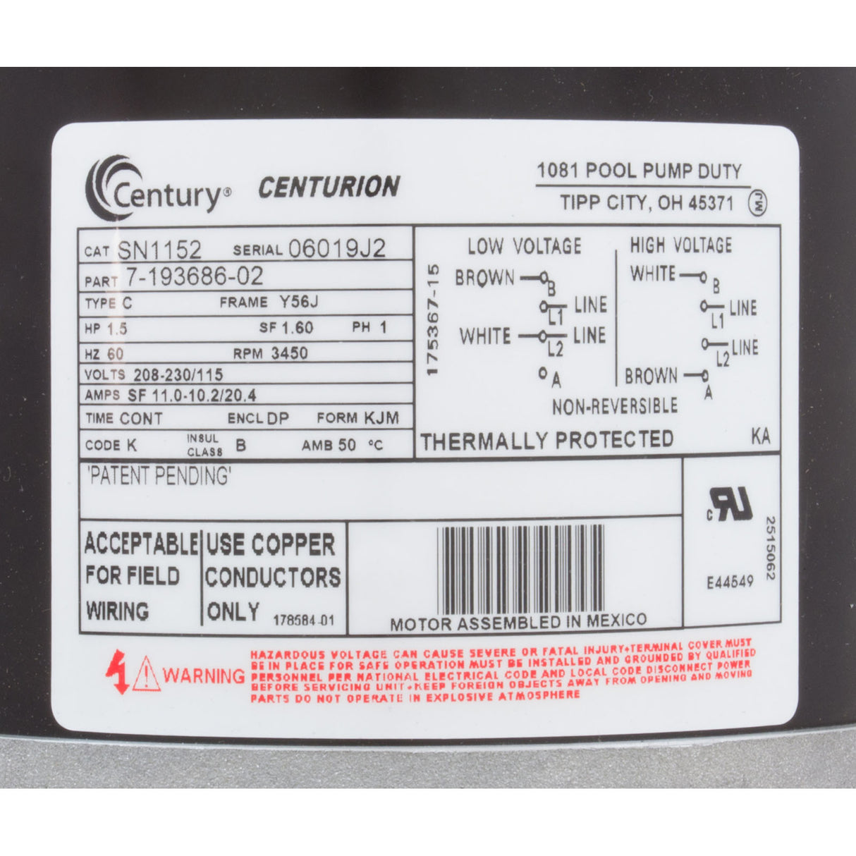 Mtr, Cent, 1.5Hp, 115/208-230V, 1-Sp, Sf1.6, 56Jfr : SN1152