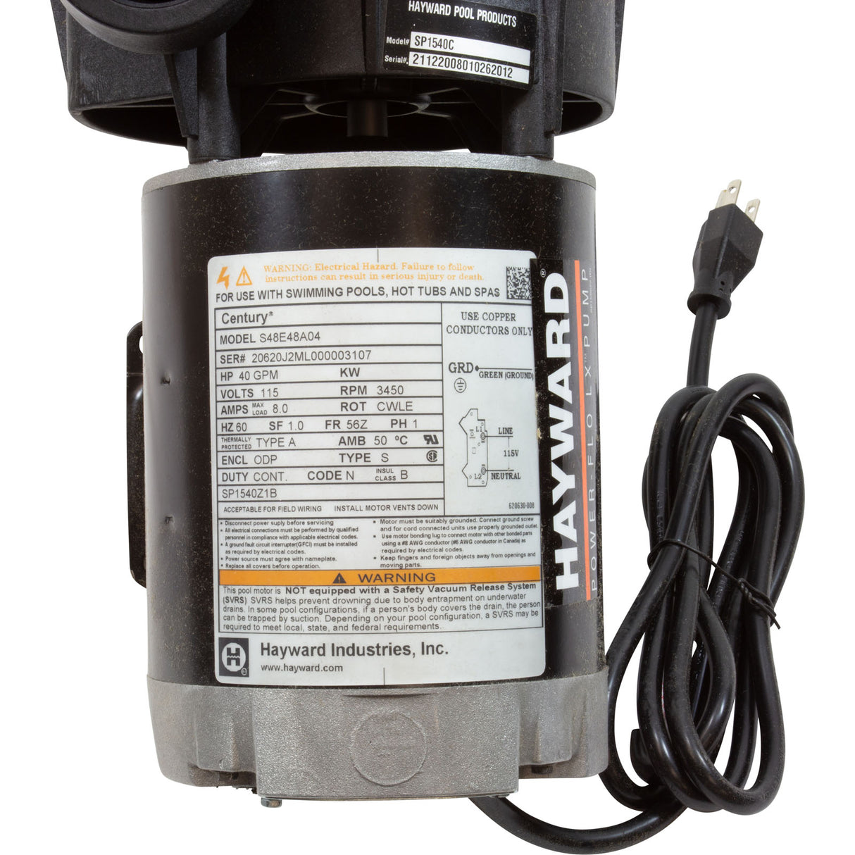 40 Gpm Hayward Power-Flo LX Pump, 115v, 1-Speed, W/Cord : SP1540C - Hayward - 0610377051415 - PartsForSpas.com