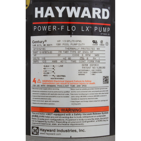 1-1/2 Hp Lx Pump W/Twist-Lok Cord : SP1580X15TL - Hayward - 0610377214438 - PartsForSpas.com